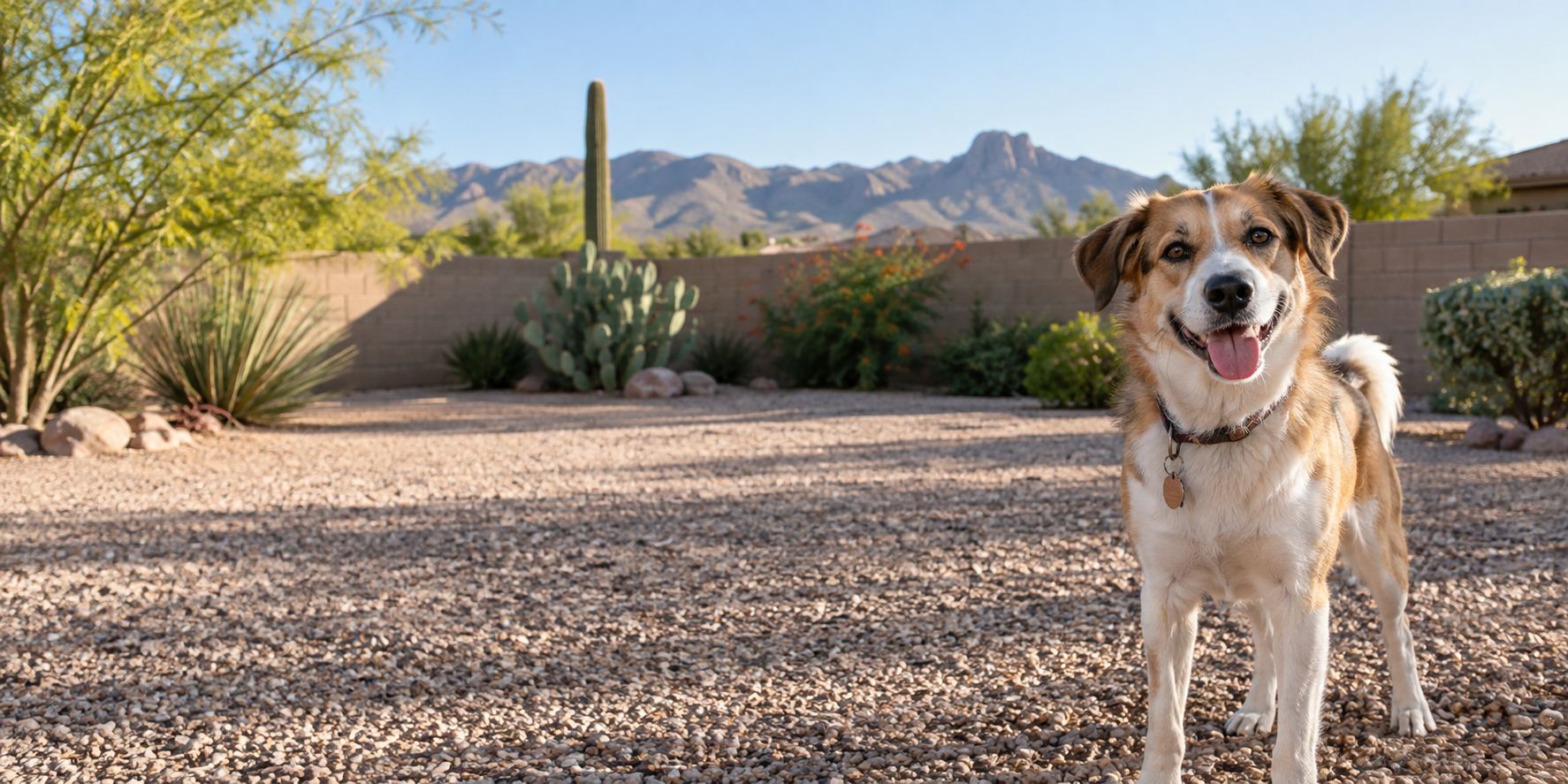 A happy dog in a clean Tucson desert yard